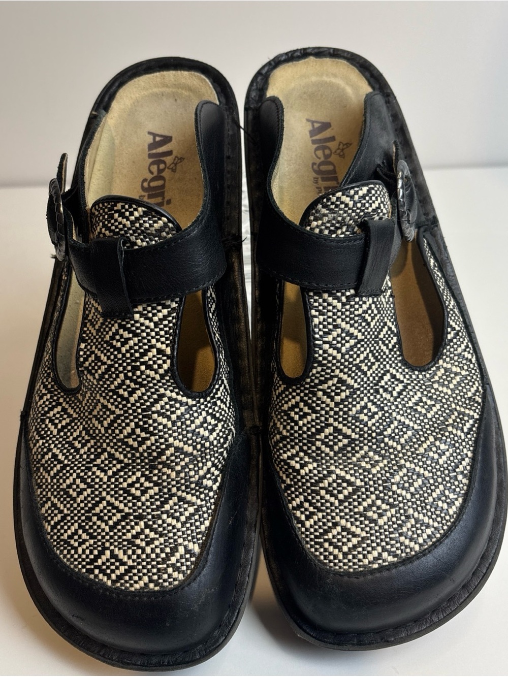 Alegria Black & Cream Classic Ikat Raffia slide mule Woven Mary Jane